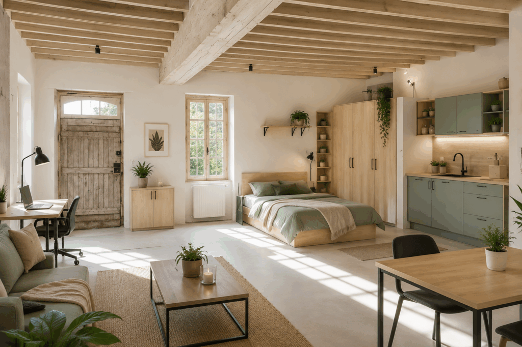 rénovation d'une dépendance en loft lumineux avec chambre, cuisine et espace de vie