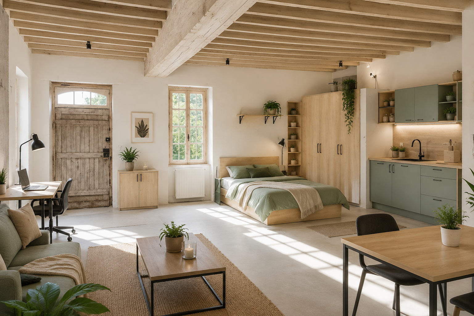 rénovation d'une dépendance en loft lumineux avec chambre, cuisine et espace de vie